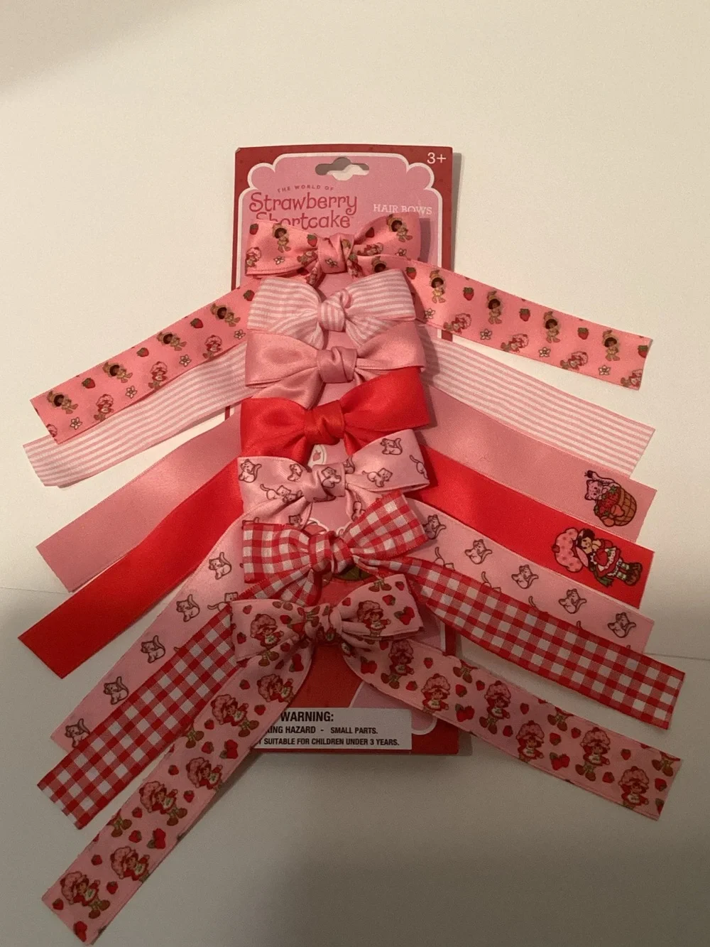 Strawberry Shortcake Print Pink & Red Bow Hair Ribbon Set for Kids NWT